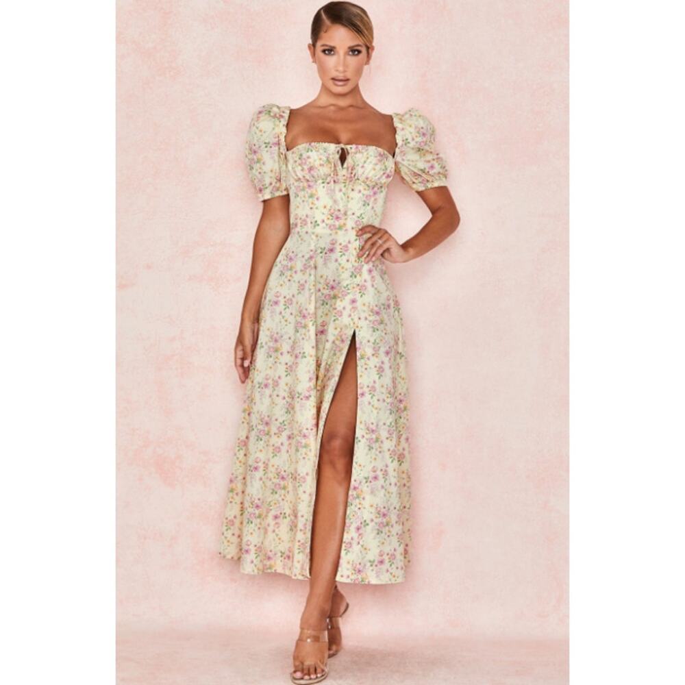 House of CB Tallulah Lemon Floral Puff Sleeve Midi Dress Sundress Cottagecore - Picture 2 of 15
